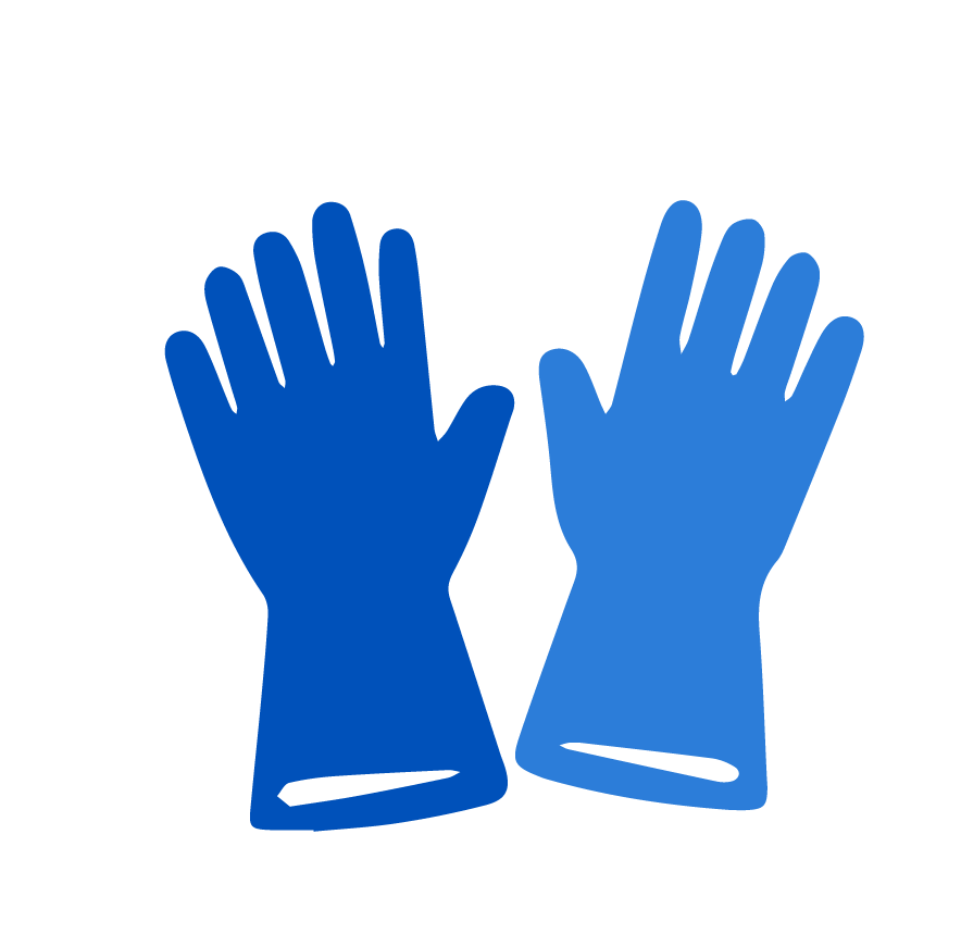 Illustration of a pair of blue gloves, with one glove slightly overlapping the other.