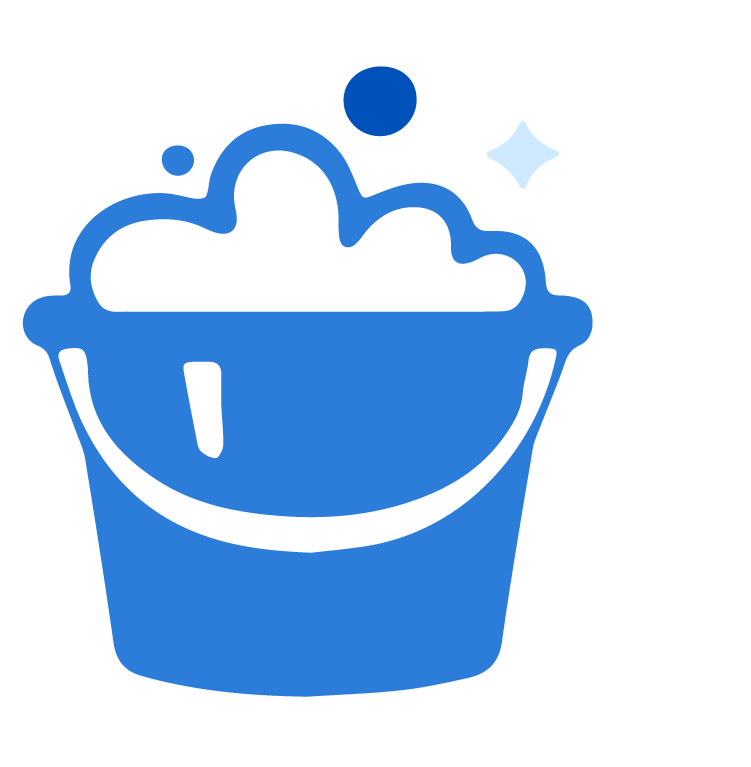 Blue bucket filled with soap bubbles and a small star-shaped sparkle.