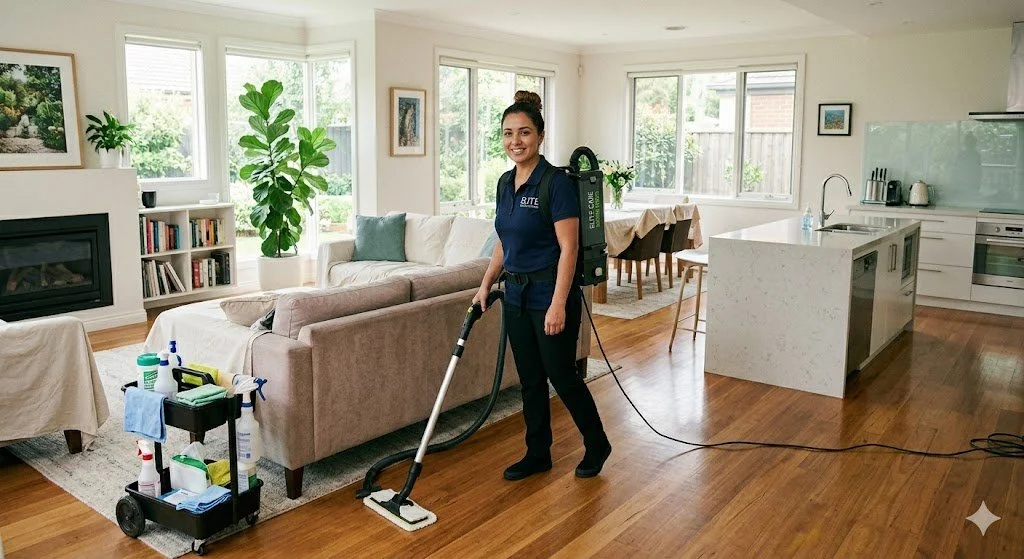 A woman smiling and holding a vacuum cleaner in a bright, modern living room with hardwood floors, a beige sofa, large windows, and a kitchen with white cabinets in the background.