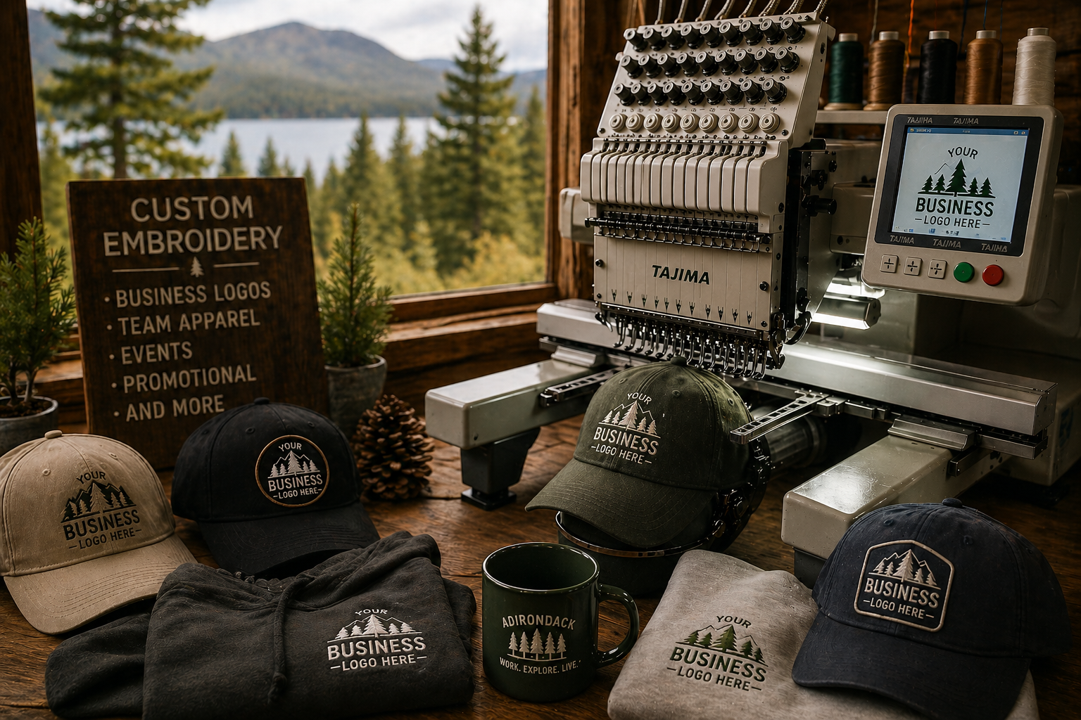 Custom embroidery machine with hats, a mug, and promotional items featuring a tree logo, set against a rustic wooden background with a window view of trees and mountains.