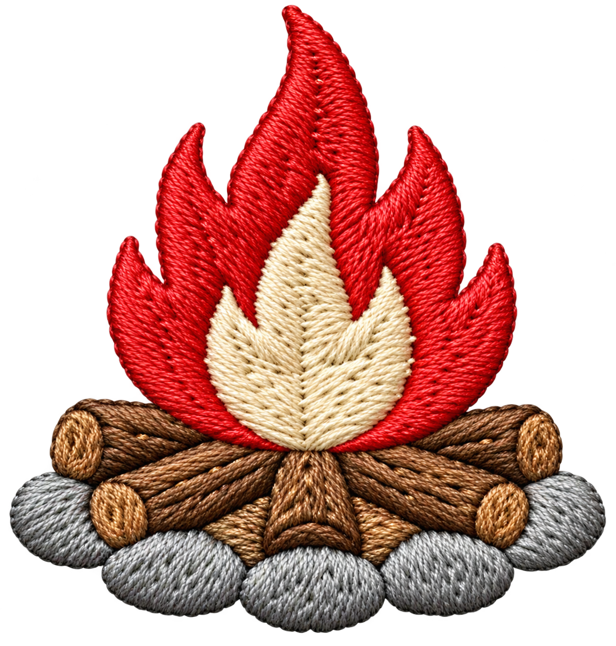 Embroidery of a flame symbol made with red, cream, brown, and gray threads, surrounded by a circle of gray stitches.