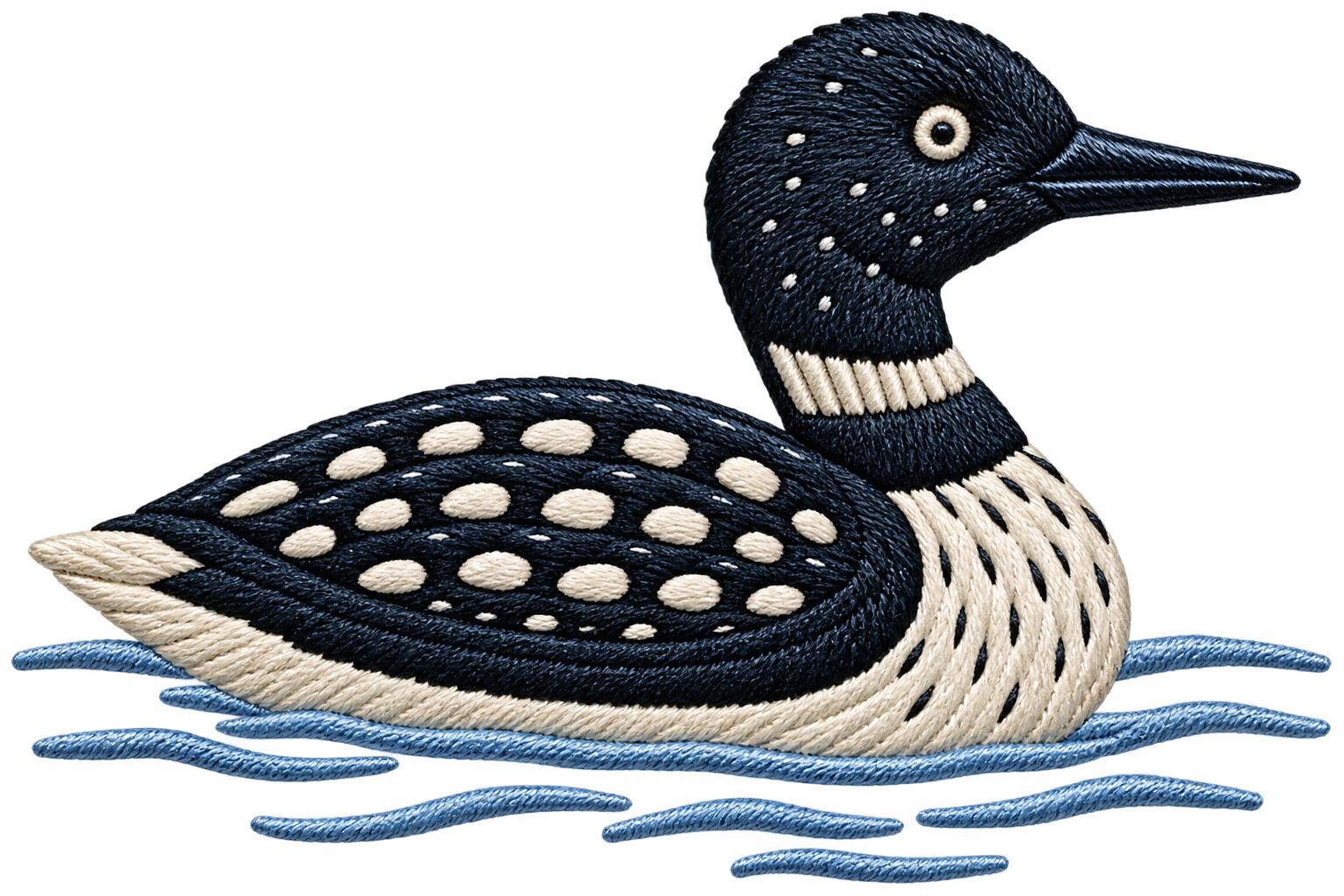 Embroidered patch of a stylized goose with detailed black and white feathers, an orange beak, and blue water beneath it.