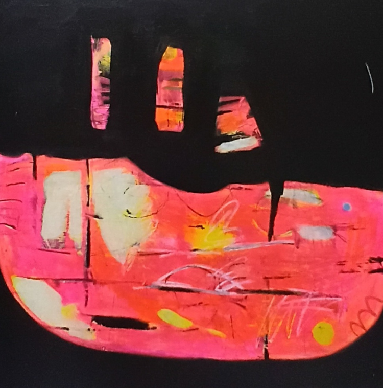 An abstract painting with predominantly pink, orange, yellow, and black colors. The composition includes various geometric shapes and brushstrokes, with a black shape at the top and colorful patches below.