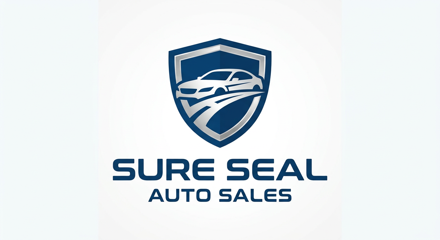 Logo of Sure Seal Auto Sales featuring a car inside a shield design with the business name below.