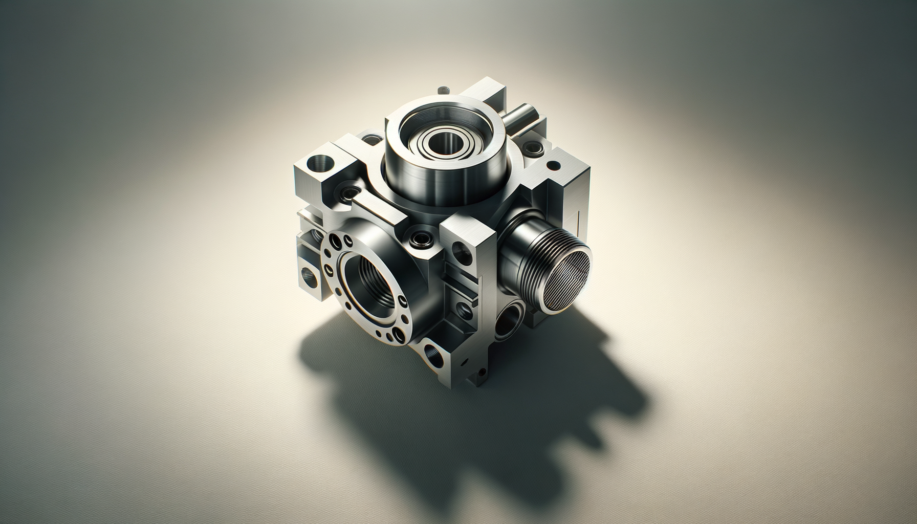 A close-up of a metallic, industrial mechanical component or device with various circular and rectangular features, casting a shadow on a light-colored surface.