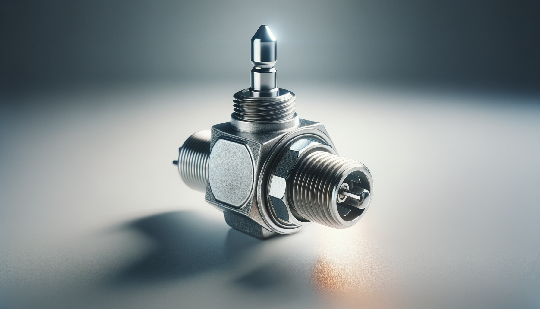 Close-up of a metallic pressure sensor with threaded parts on a smooth surface.