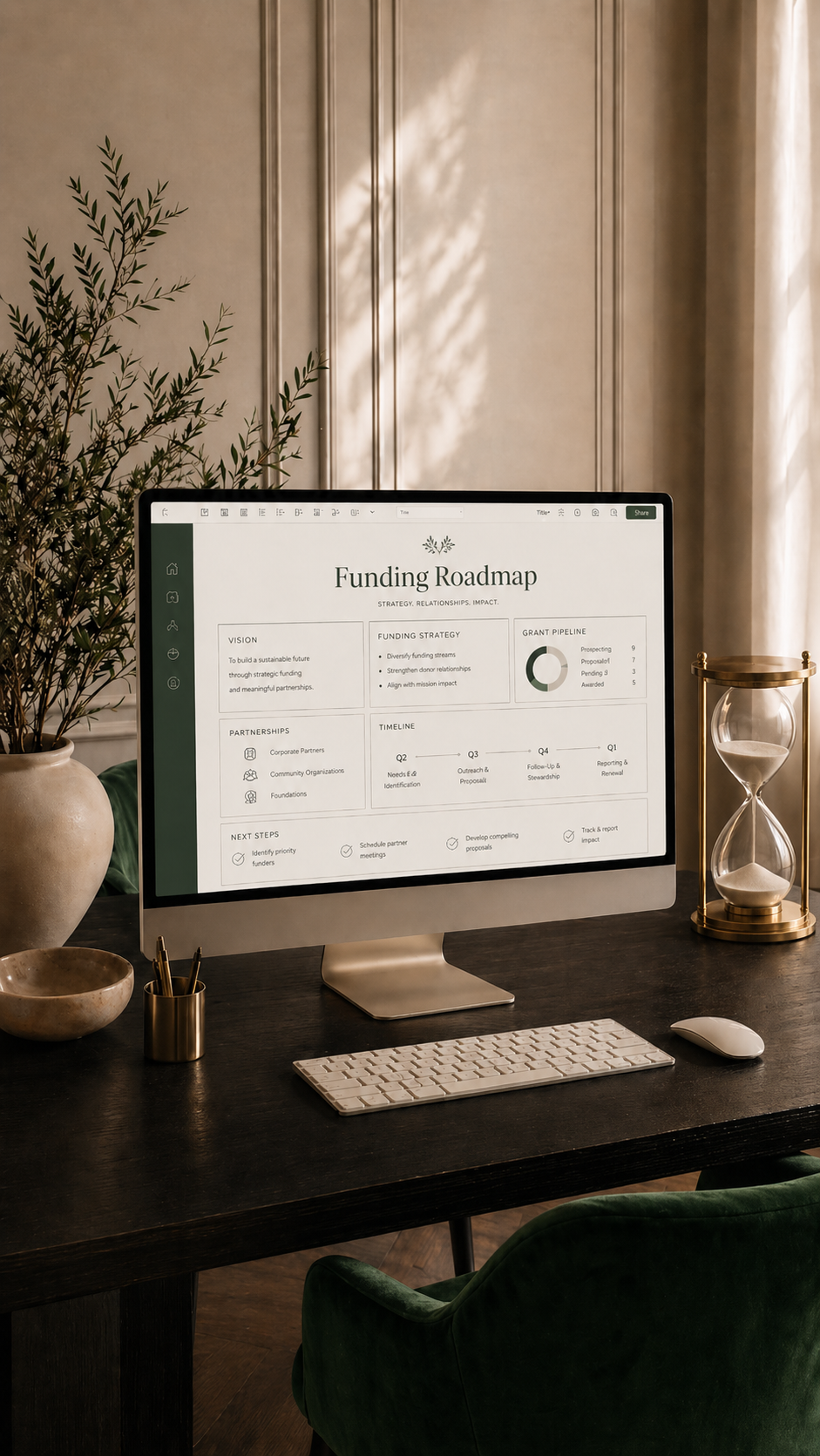 Computer monitor displaying a funding roadmap on a dark wooden desk, with a large potted plant to the left and an hourglass to the right, in a cozy, well-lit office with beige walls and curtains.