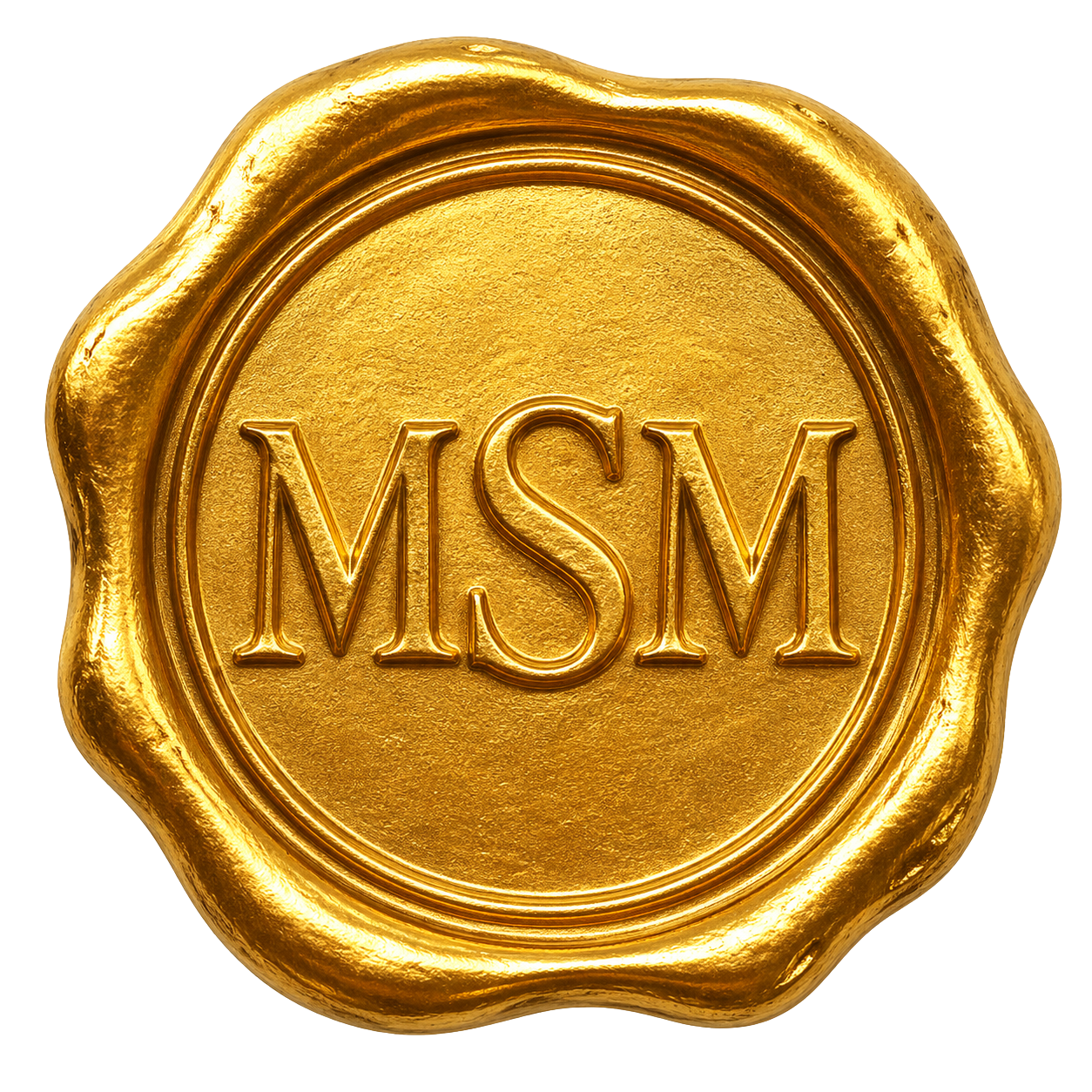 Close-up of a gold wax seal with the initials 'MSM' embossed in the center.
