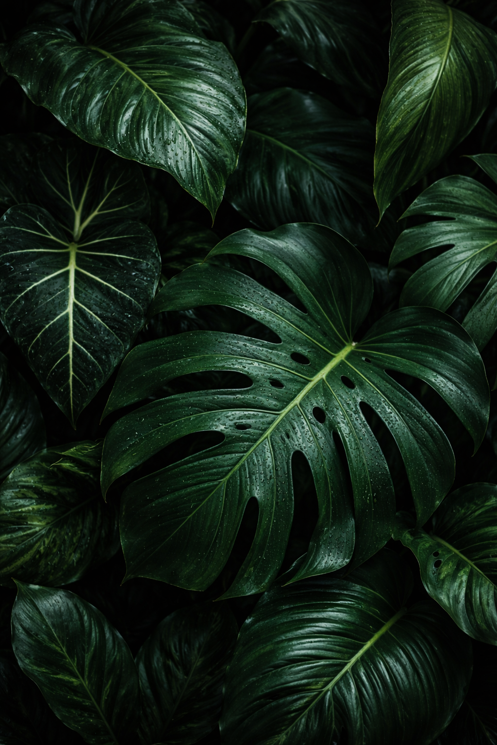 Close-up of dark green tropical leaves with water droplets, including varieties of monstera and calathea.