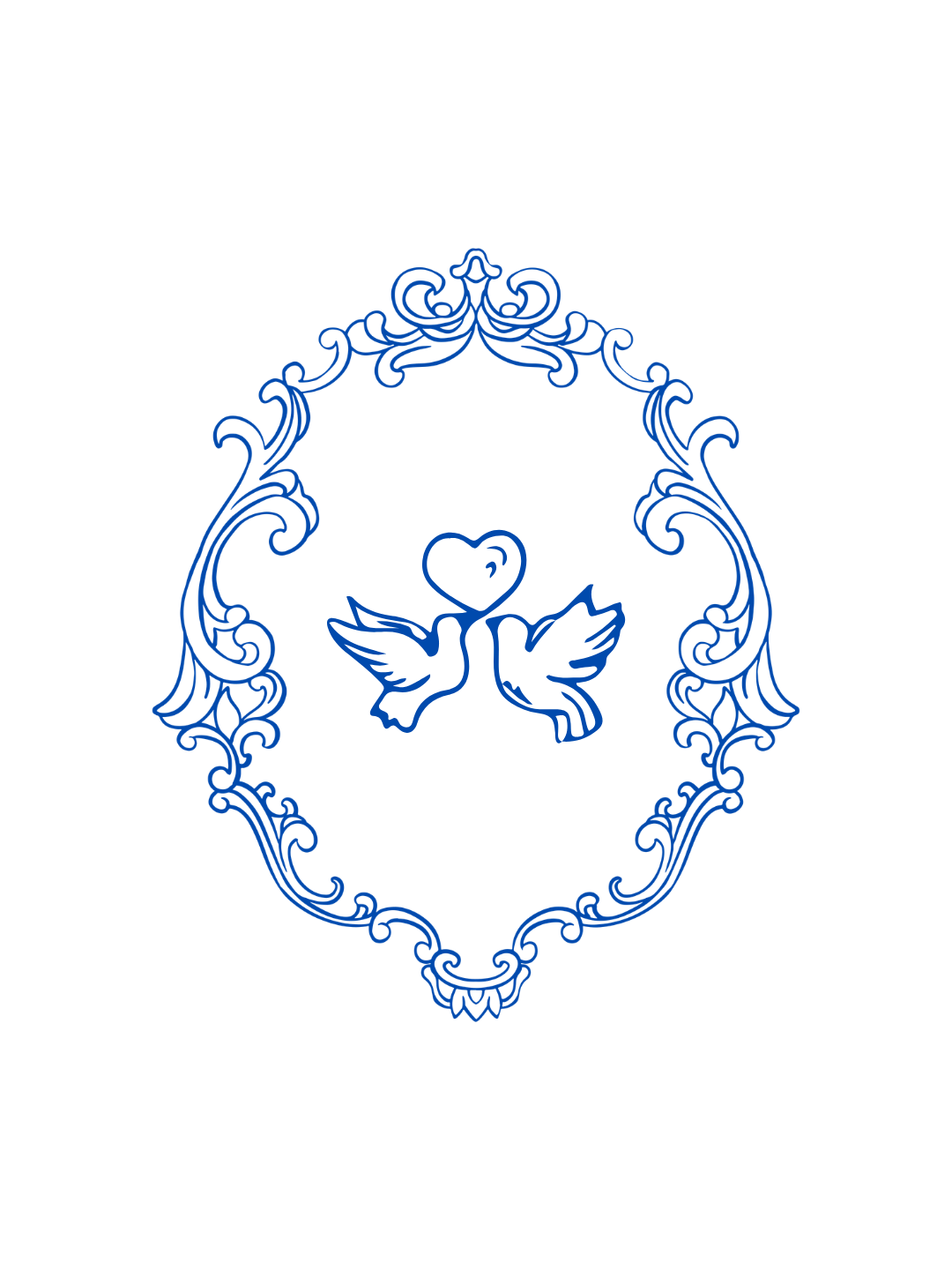 Blue ornate decorative frame with two doves facing each other, holding a heart between them, on a black background.