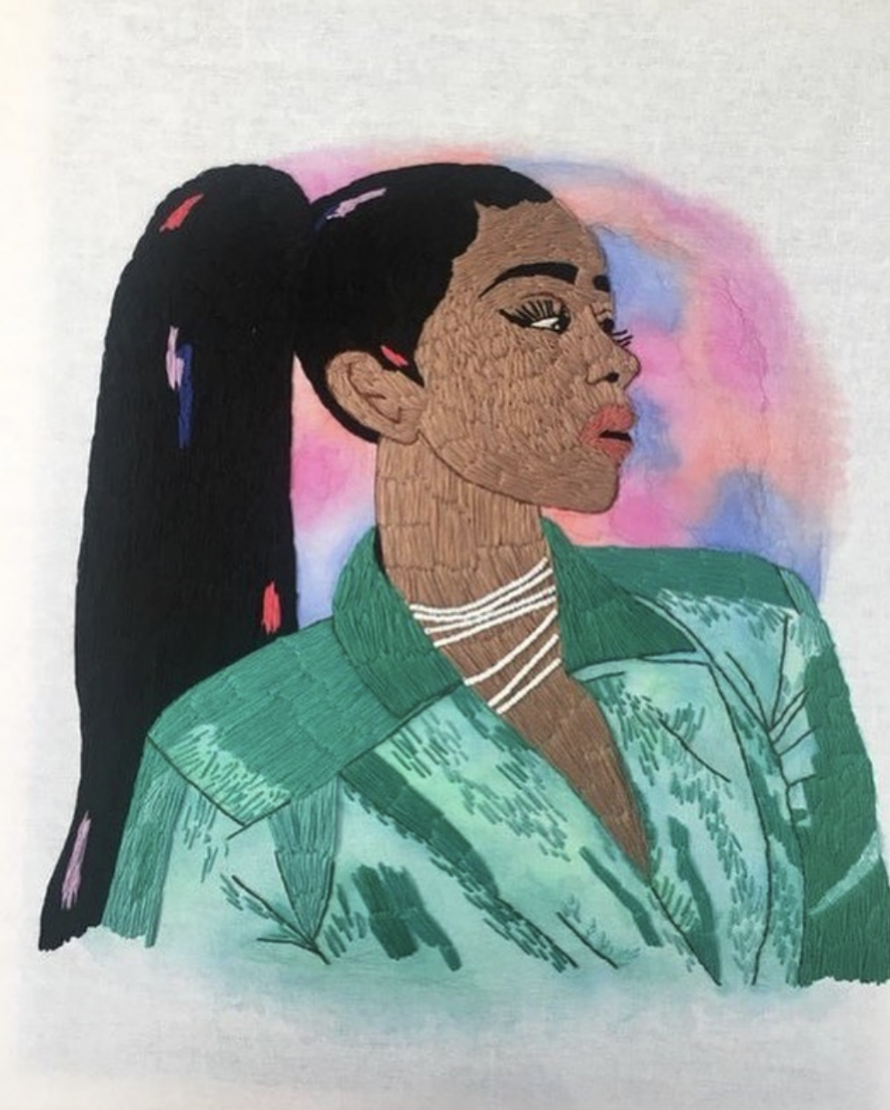 Liza Koshy using 3x thick thread, beads and watercolour paint, 2019 