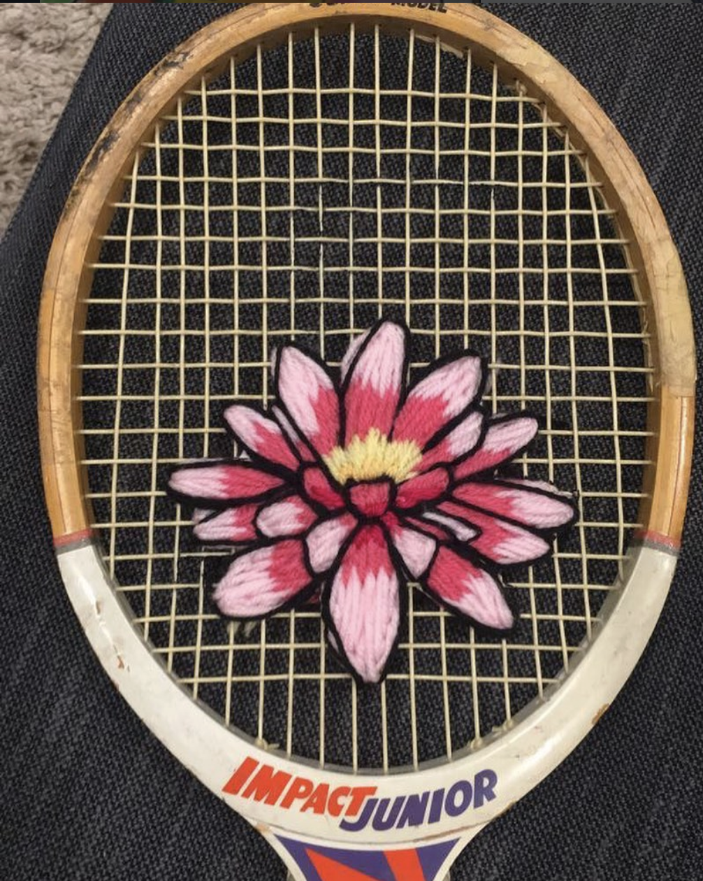 Wool embroidered onto vintage squash racket, 2018