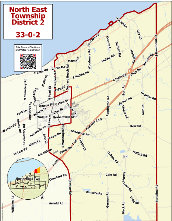 Map of North East Township District 2, Erie County, with roads and boundaries marked.