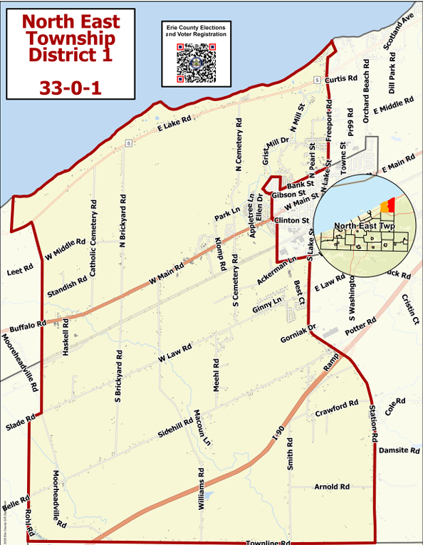 Map of North East Township District 1 showing boundaries, roads, and landmarks, with inset of the district location within North East Township.
