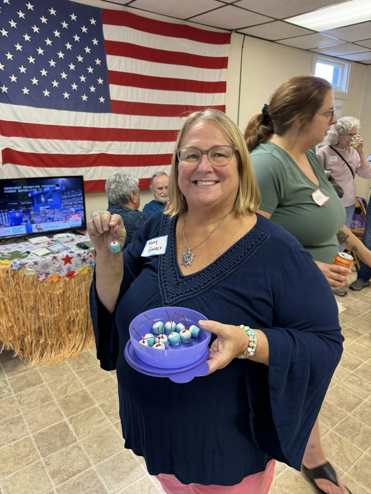 Mary, Harborcreek, at our Hawaiian themed event at the North East Dems office 