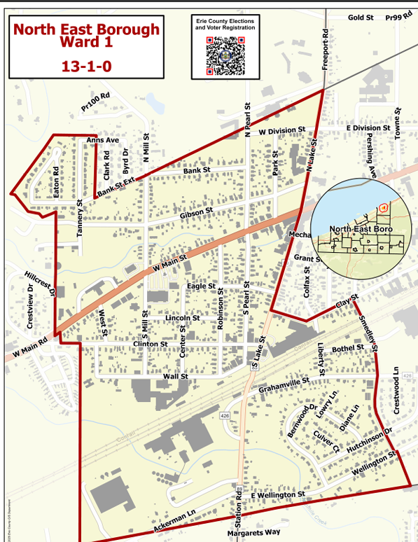 Map of North East Borough Ward 1, showing streets, boundaries, and landmarks in the area.