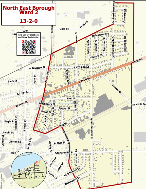 Map of North East Borough Ward 2 showing streets, boundaries, and landmarks. Contains election information, QR code for voter registration, and street names.