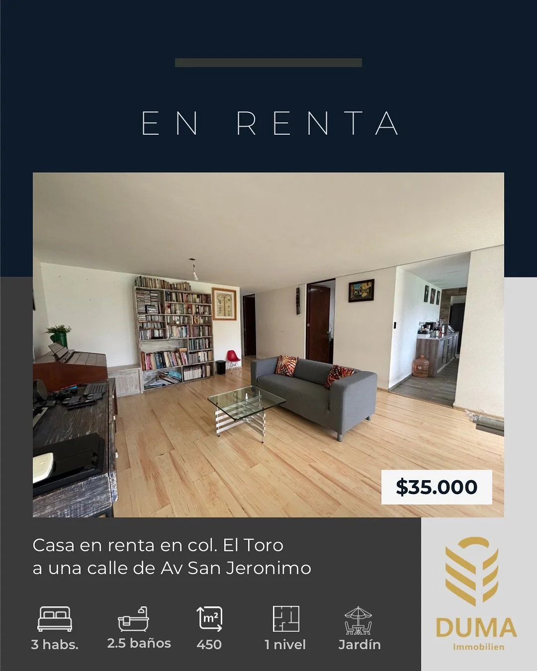 Casa en renta en Col. El Toro
$35,000
250 m2 Jard&iacute;n 
200 m2 construcci&oacute;n 
3 habitaciones 
2.5 ba&ntilde;os 
2 lugares de estacionamiento 
D&eacute;jame mensaje para ir a conocerla 
Tel&eacute;fono 5522495126

#renta #cdmx #casa #familia
