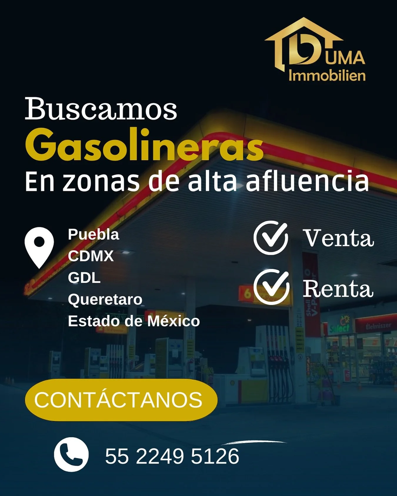 Tienes una gasolinera en venta en Puebla, CDMX, Qro o GDL? V&eacute;ndela con nosotros. Nuestros clientes est&aacute;n buscando propiedades como la tuya. 

Cont&aacute;ctanos al tel&eacute;fono 552249 5126 y nos aseguraremos que obtengas la mejor ofe