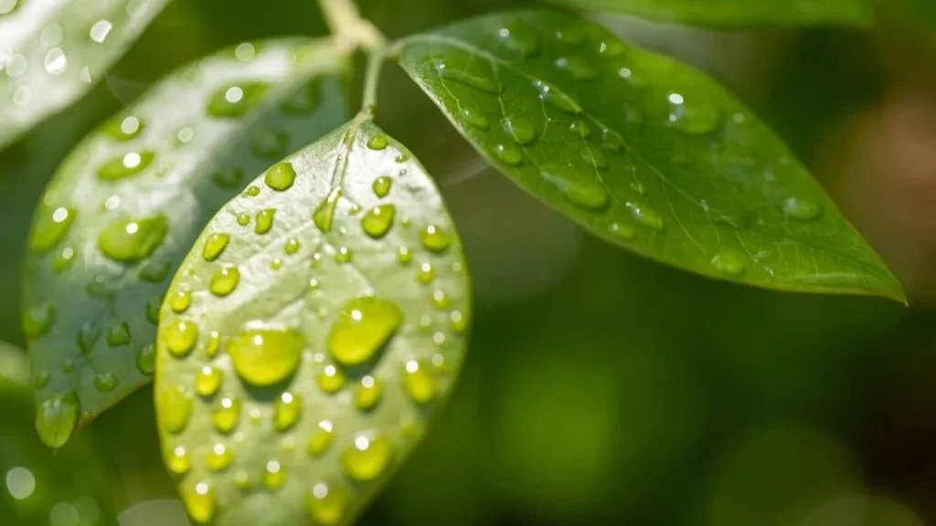 Close-up of green leaves with water droplets.