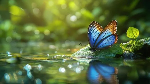 A blue butterfly perched on a green leaf near water with sunlight and green foliage in the background.