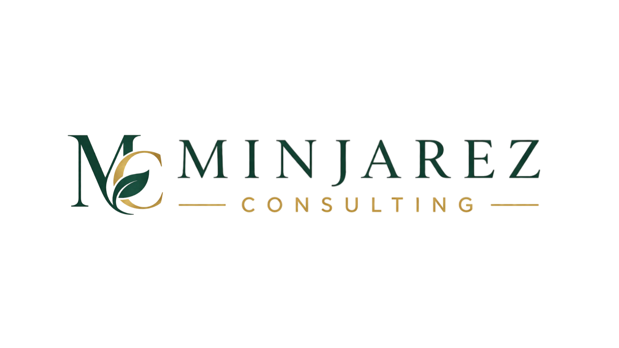 Logo for Minjarez Consulting featuring a stylized leaf and the letters M and C in green and gold colors with the company name in dark green and gold lettering.