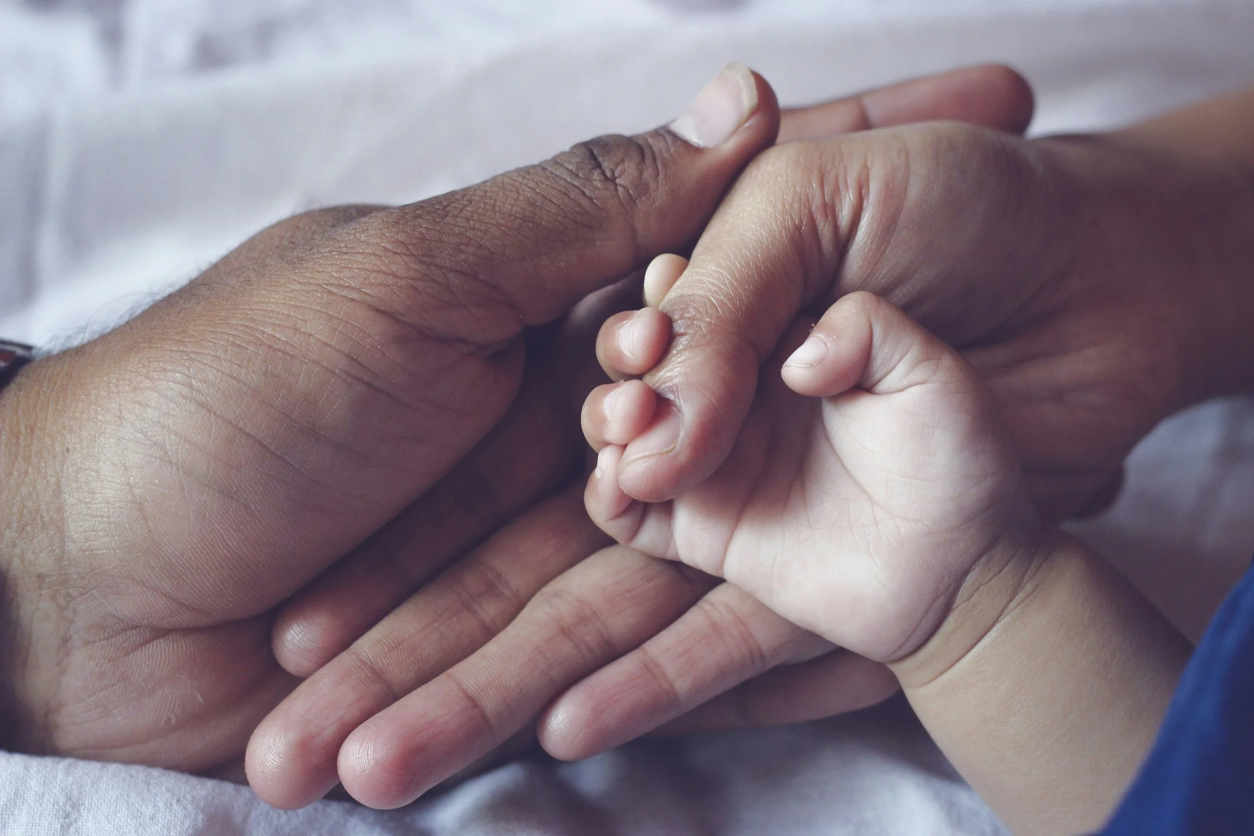 A close-up of an adult and child's hands clasped together, with the child's smaller hand wrapping around the adult's finger, against a soft background.