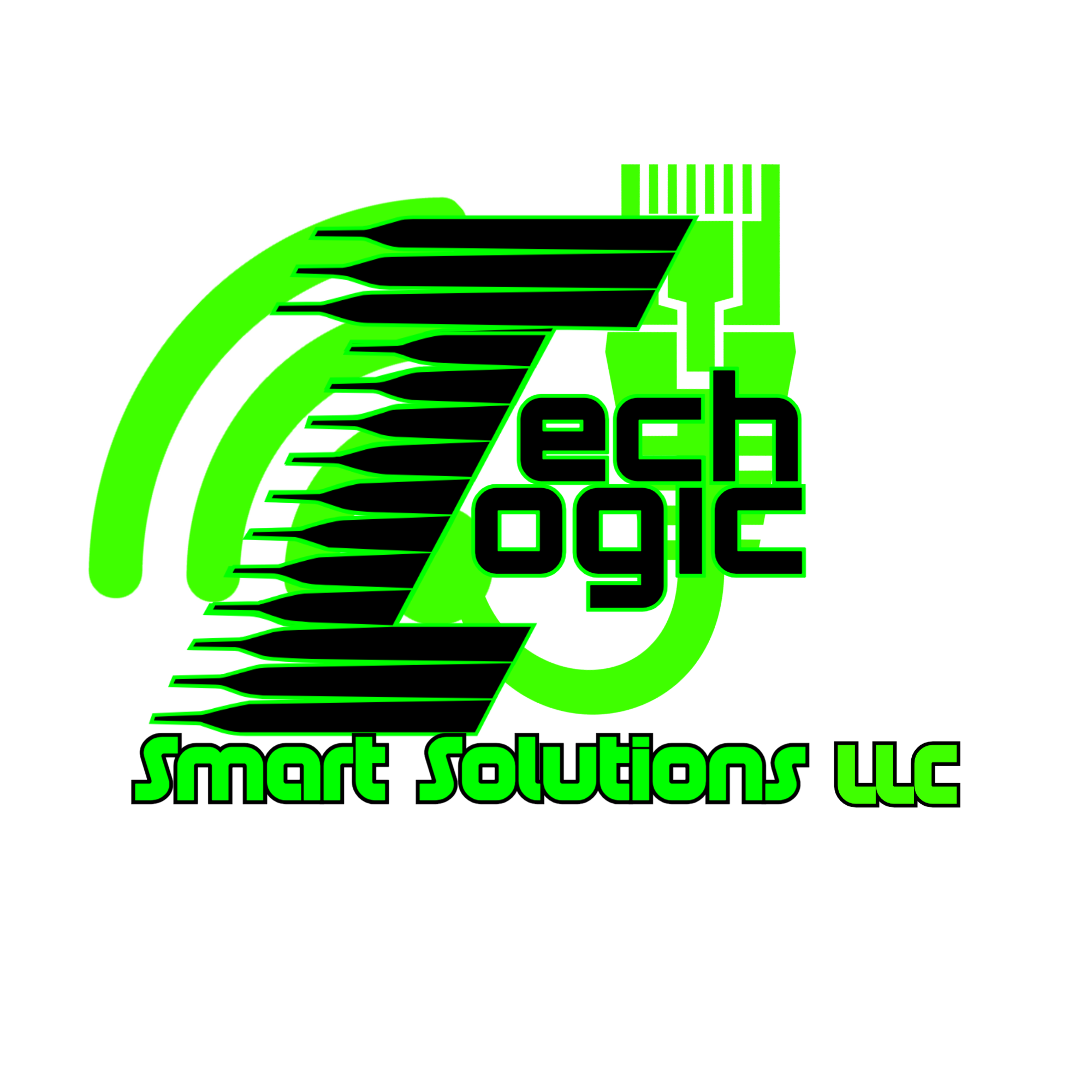 A logo for TechLogic Smart Solutions LLC featuring a green circle with black lines resembling a terminated cat6 cable transforming into a wireless signal, and the words 'TechLogic Smart Solutions LLC' written below in green and black.