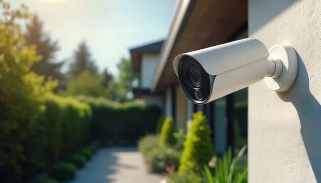 Security camera mounted on house exterior wall overlooking a garden and pathway.