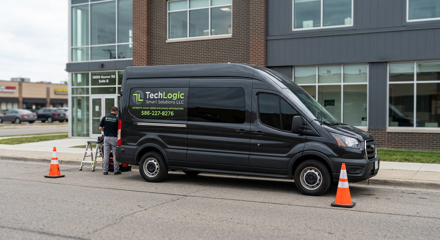 A technician working on a black van with 'TechLogic Smart Solutions LLC' branding on a city street in front of a modern building with large glass windows, with traffic cones around the van.
