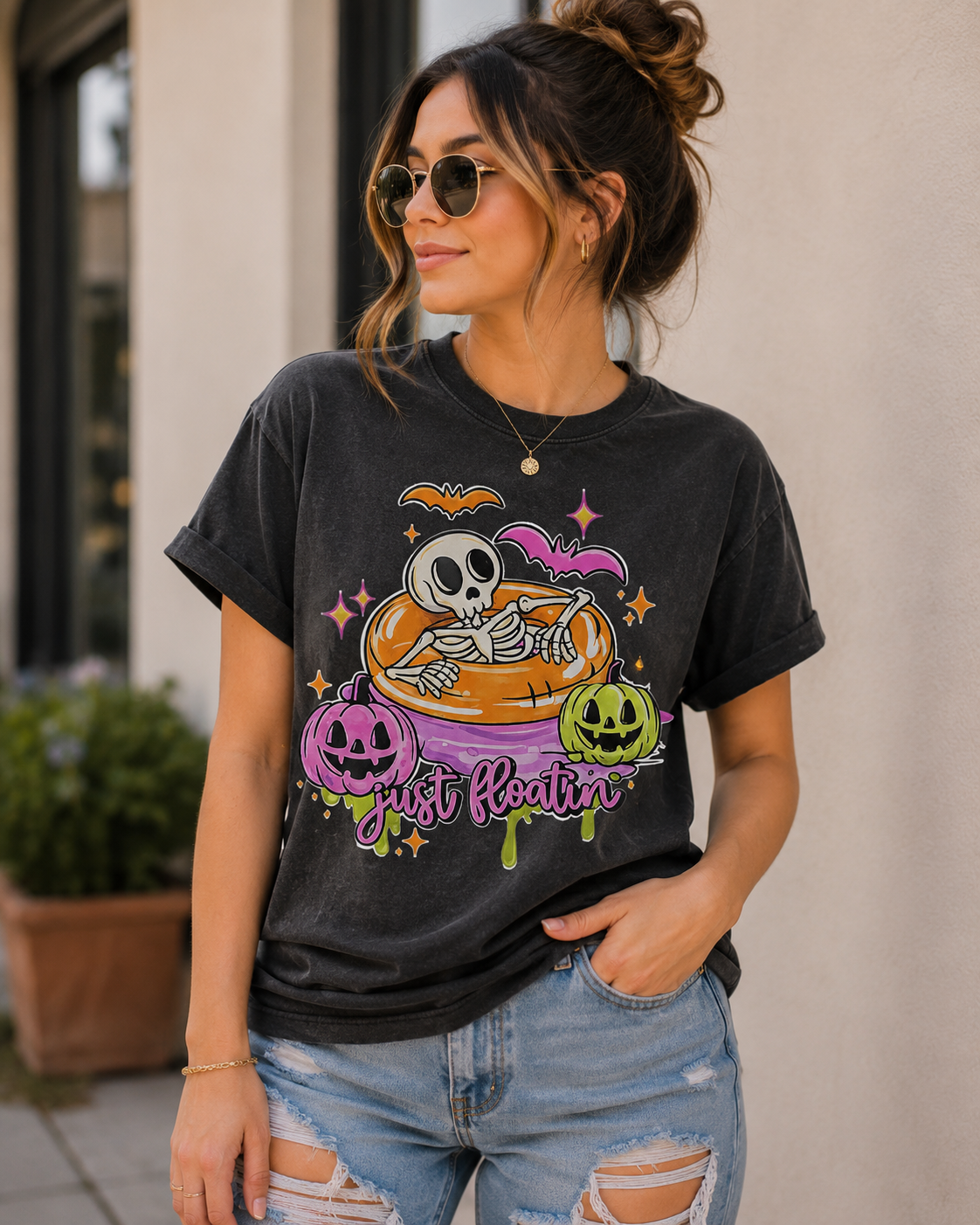 💀🎃 Just Floatin’ Spooky Skeleton Tee