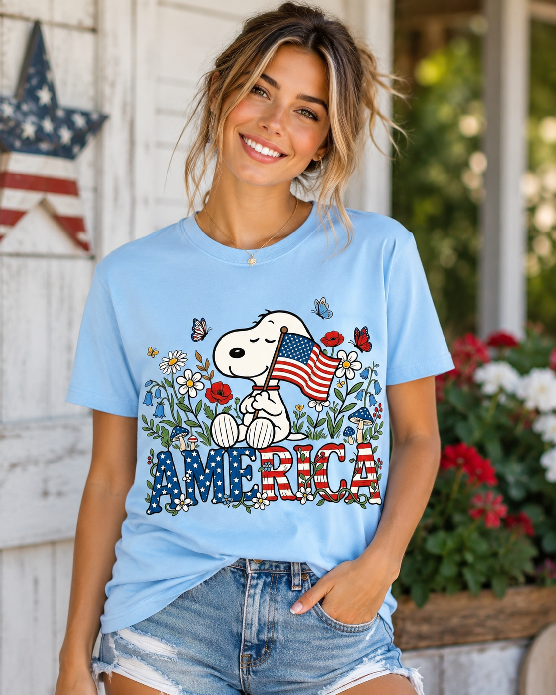 Snoopy America Patriotic Floral Tee