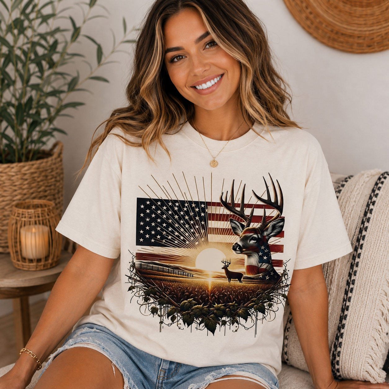 🦌 Patriotic Deer Sunset Tee