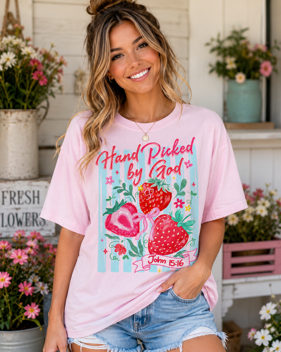 🍓 Hand Picked by God – John 15:16 Strawberry Faith Tee