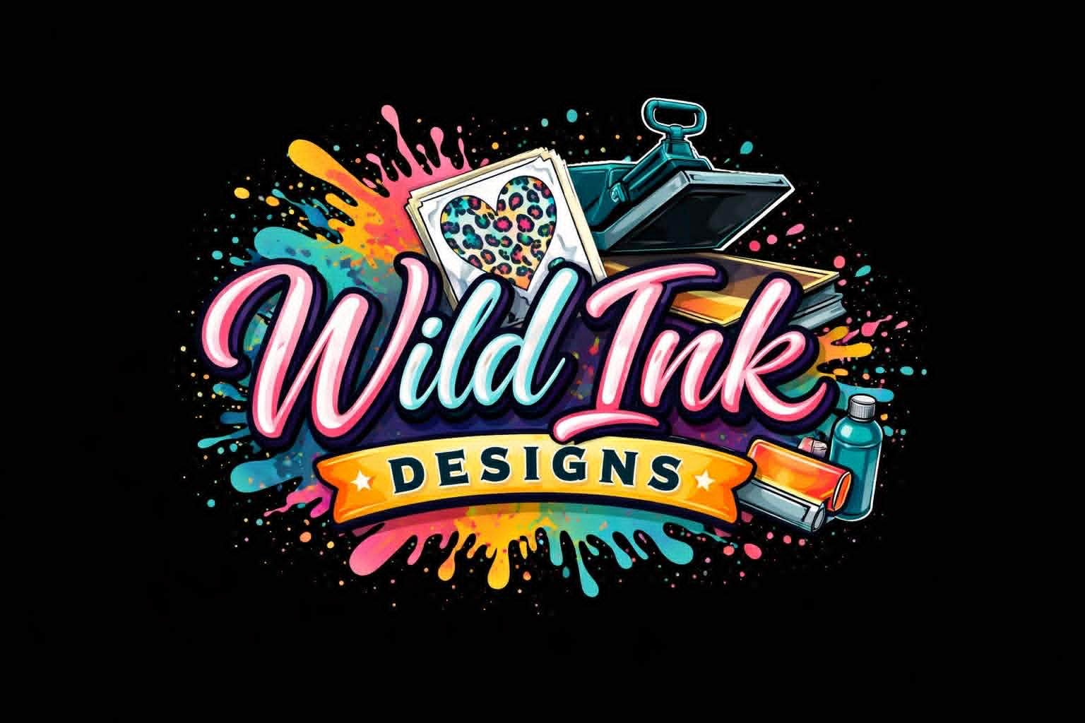 Colorful logo for Wild Ink Designs featuring paint splashes, a book, a printing press, and art supplies.
