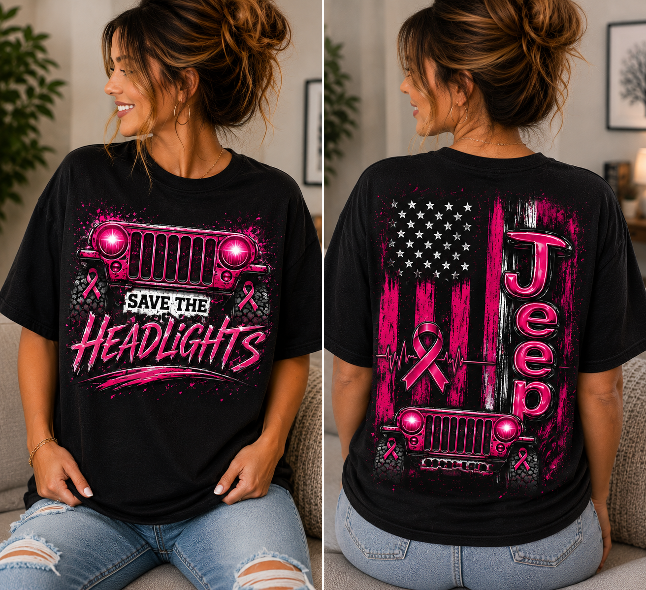 Save the Headlights Pink Jeep Breast Cancer Awareness Tee