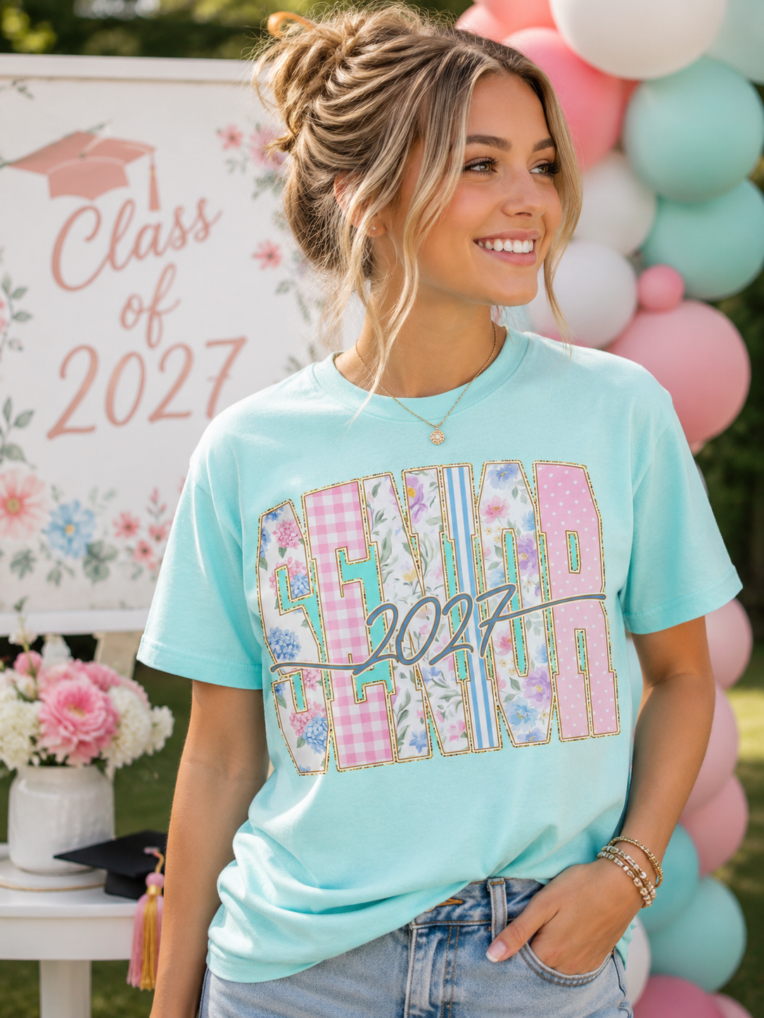 Senior 2027 Floral Varsity Graphic Tee – Class of 2027 Graduation Shirt