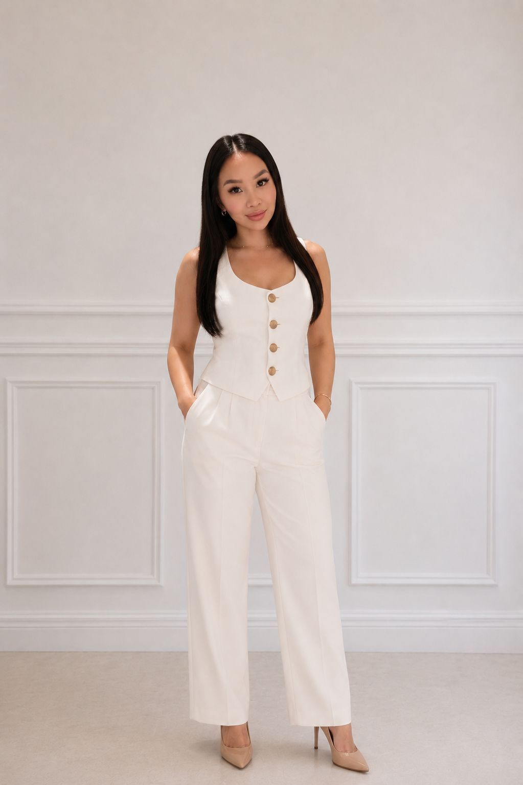 A woman with long dark hair wearing a sleeveless white pantsuit with large buttons, standing against a white paneled wall with her hands in her pockets.