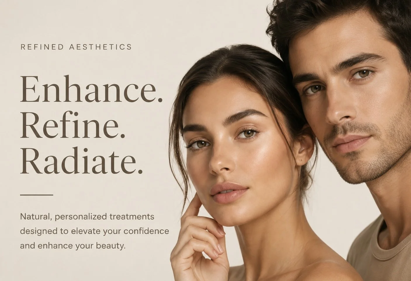 Close-up of a woman and a man with clear skin and natural makeup, posing together for a skincare or beauty product advertisement.