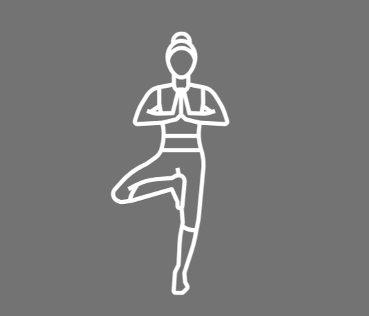 Line drawing of a person in a yoga pose on a gray background, with hands pressed together in front and one leg raised and bent at the knee.