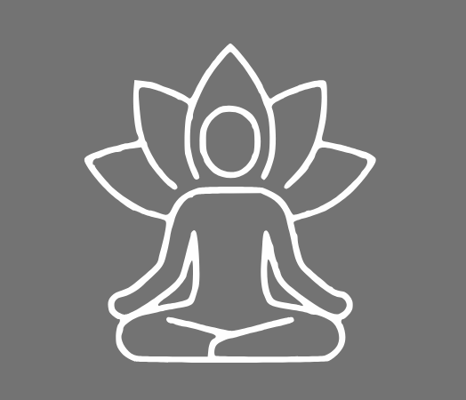 Outline of a person in a seated meditation pose with lotus petals and a circle behind their head, representing meditation, mindfulness and mindset practices.