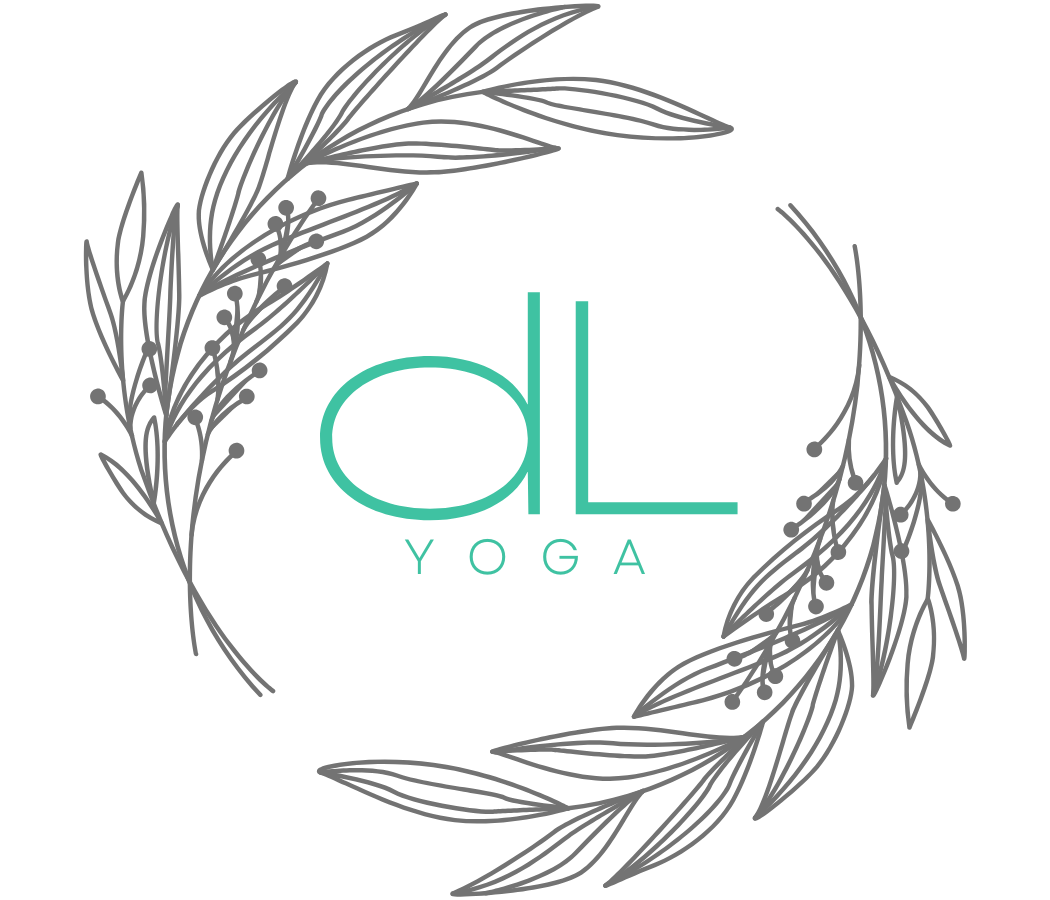 Logo for dL Yoga featuring stylized leaves forming a circular wreath around the text 'dL Yoga' in teal color on a white background.