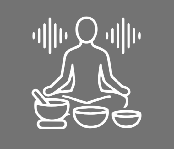 Line drawing of a person playing singing bowls during a sound bath, with sound waves radiating out on a gray background.