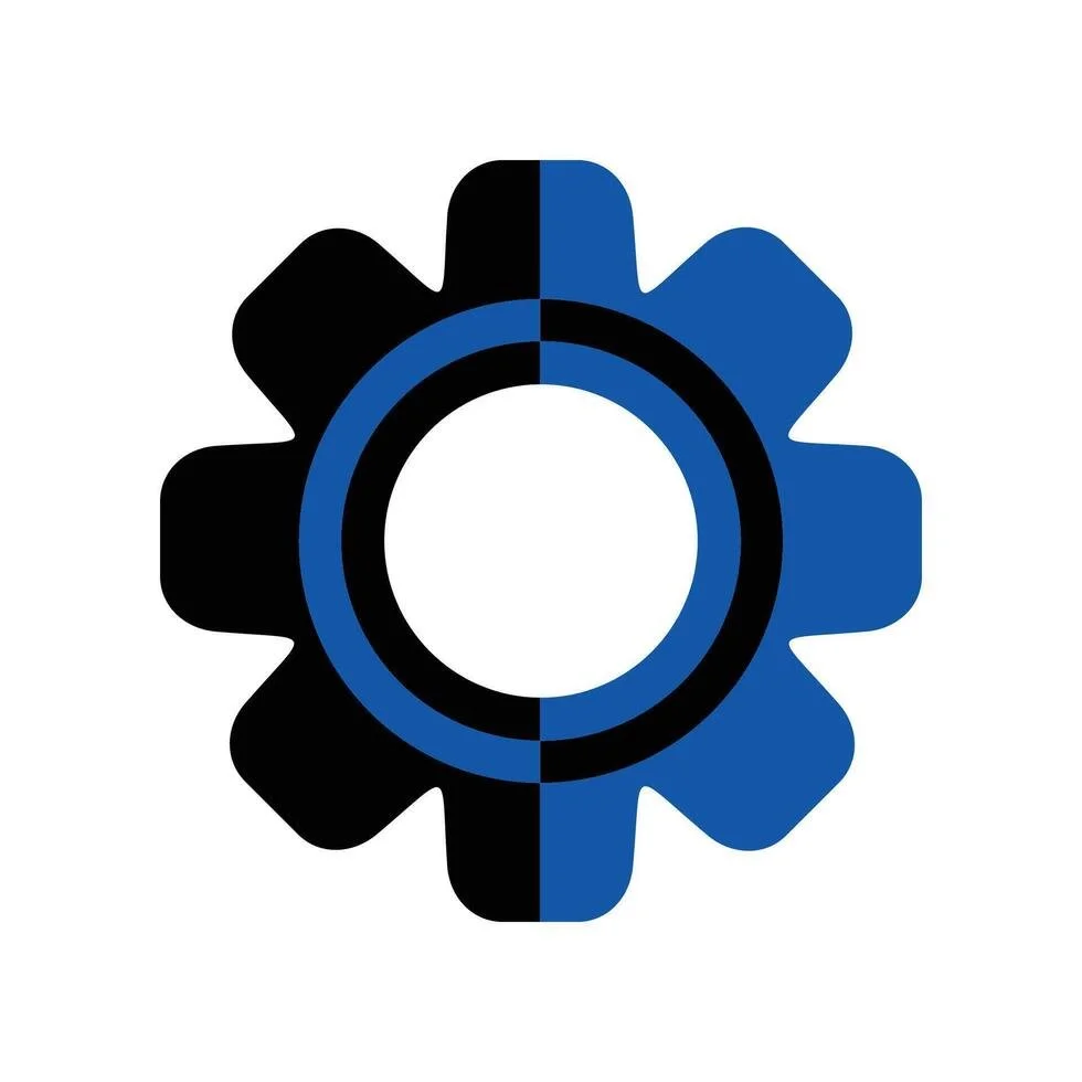 Icono de engranaje en colores negro y azul, simbolizando configuración o ajustes.