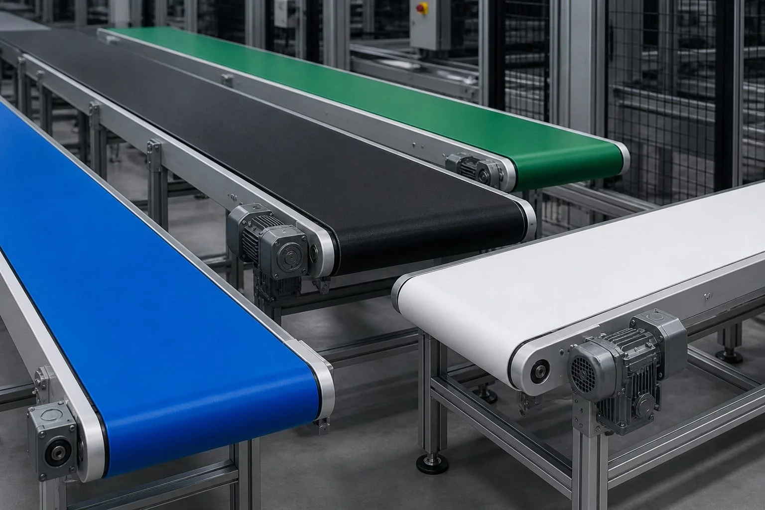 Cinta transportadora en una línea de producción industrial con bandas de diferentes colores.