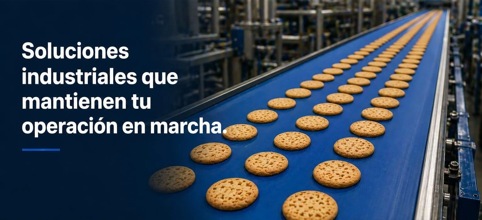 Una línea de galletas en una cinta transportadora en una planta de producción.