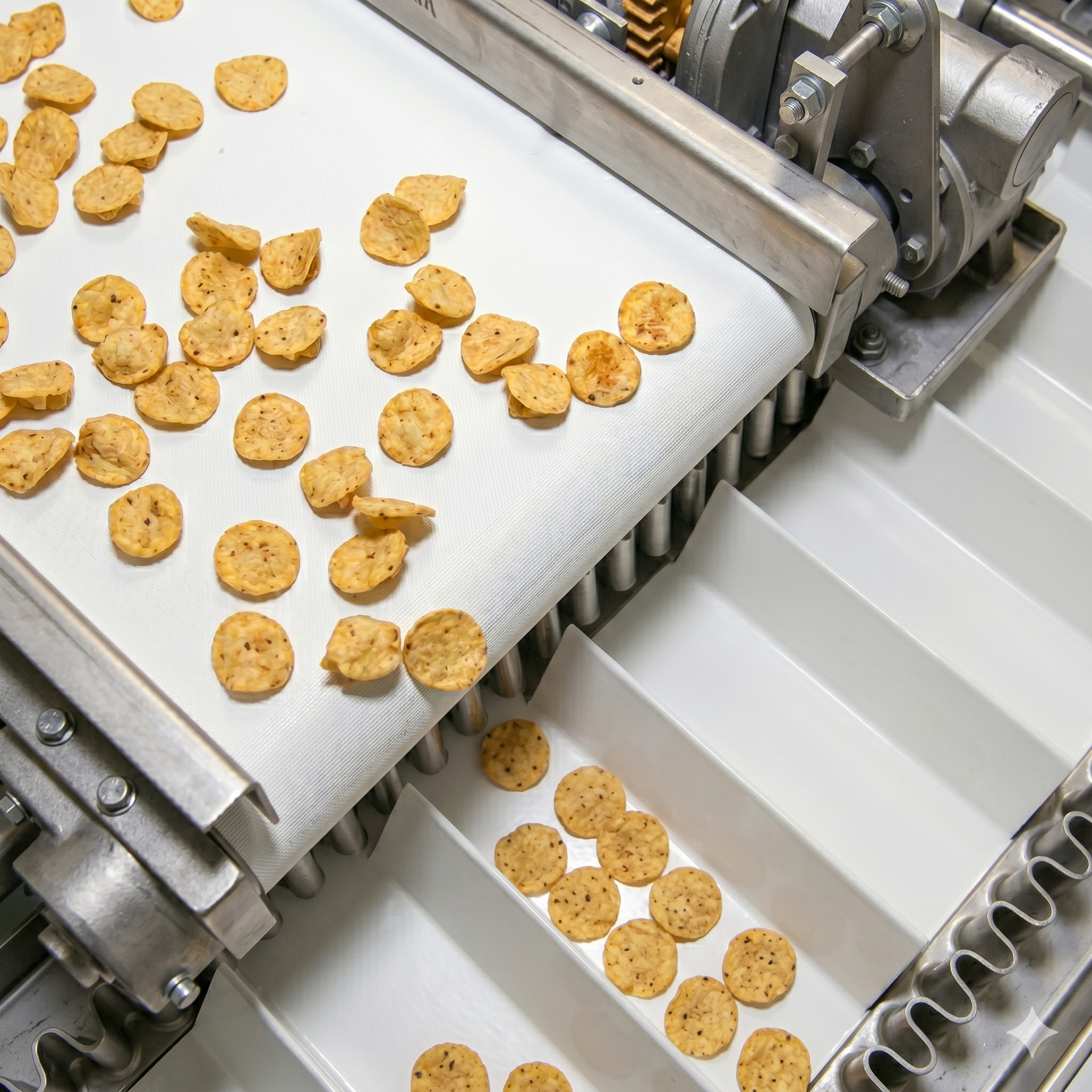 Proceso de producción de galletas en una línea industrial, con galletas distribuidas sobre una cinta transportadora y una máquina funcionando.