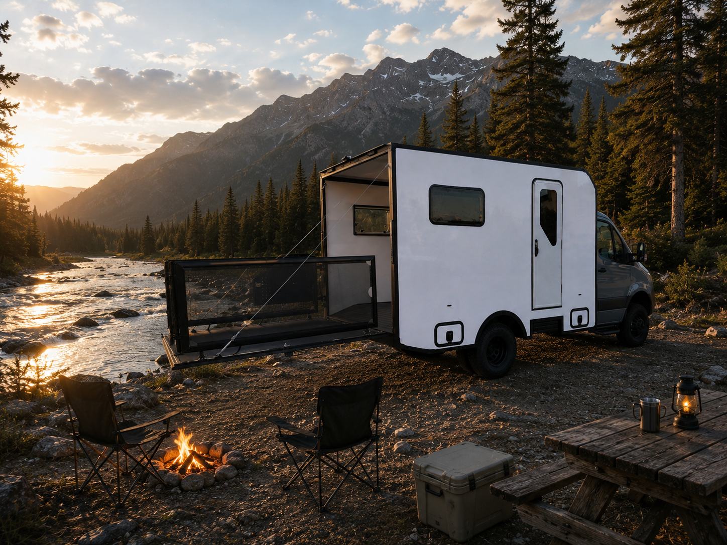 A ModboxRV camper van parked by a river in a mountain landscape during sunset, with a campfire and outdoor chairs in the foreground.