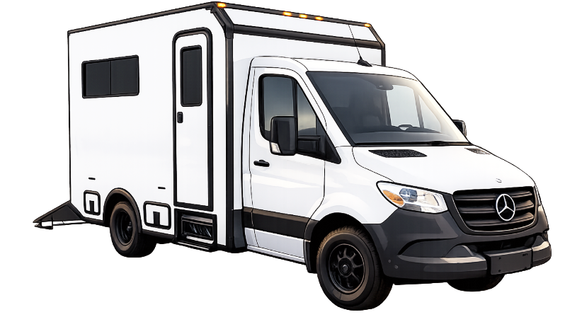 A dark gray campervan with an open rear door revealing a wooden interior and open storage compartments, parked on a dirt trail surrounded by green forest and mountains under cloudy skies.