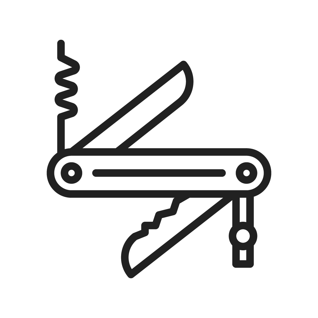 Line drawing of a Swiss Army knife with various tools extended.